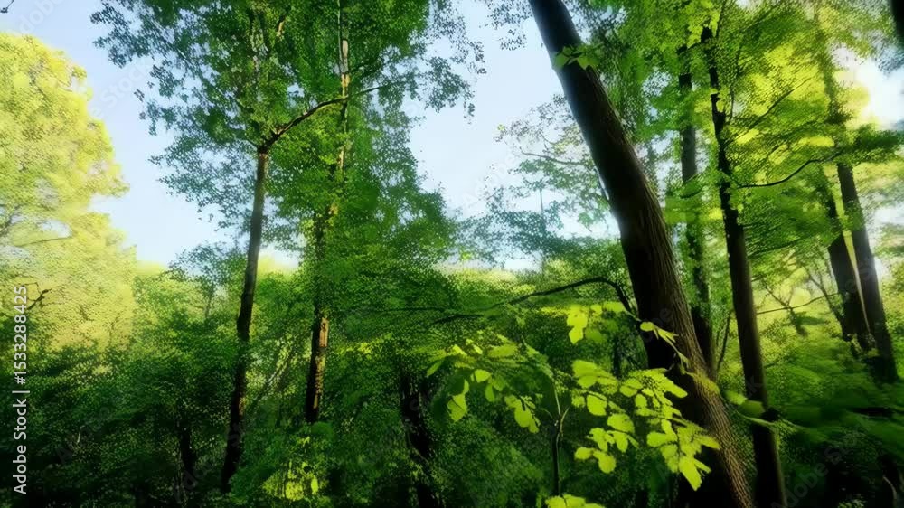 Poster sunlight filters through green leaves and tree trunks in a lush, peaceful forest setting with abunda