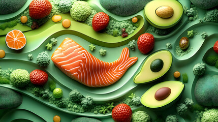Artistic arrangement of salmon, avocado, strawberries, and citrus fruits on a textured green surface.