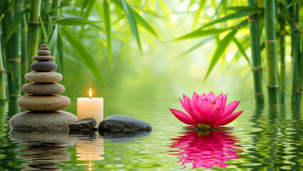 Serene Stone Stack with Lotus Flower, Bamboo, and Candle in Peaceful Water Setting