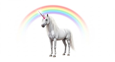 Majestic white unicorn stands proudly beneath a vibrant rainbow arc. AI Generated