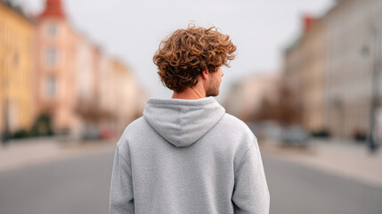 Obraz premium Back profile of man with curly hair wearing gray hoodie standing on blurred city street, evoking calm and reflective mood