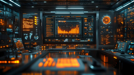 Futuristic Control Room Digital Illustration: Orange and Blue Tech Interface
