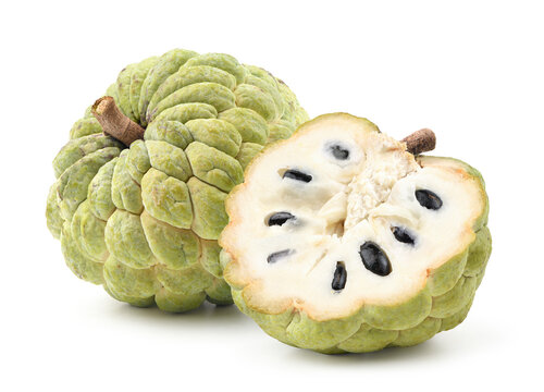 Custard apple with cut in half isolated on white background.