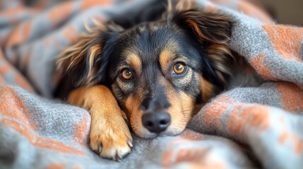 Fototapeta premium Cozy Dog Snuggling in Blanket with Warm Innocent Eyes