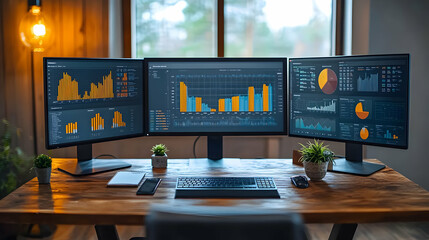Triple Monitor Setup with Financial Data Charts and Graphs - Realistic Image