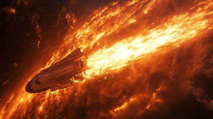 Dramatic Space Shuttle Reentry with Fiery Flames and Vivid Clouds