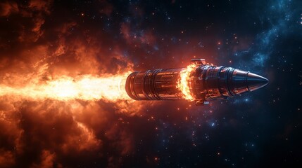 Obraz premium Futuristic Rocket Launching Through Space with Flames and Stars