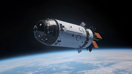 Spacecraft Orbiting Earth Against Dark Space Background in Detail