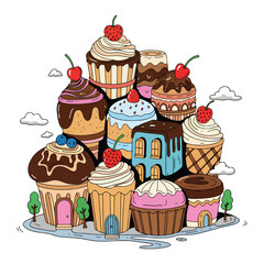 A whimsical cupcake city, with colorful cupcakes stacked high, forming houses and a miniature landscape.