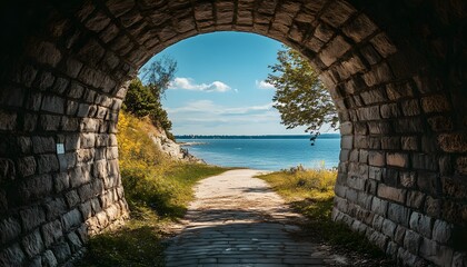 A picturesque pathway through a stone archway, revealing a serene lake vista.