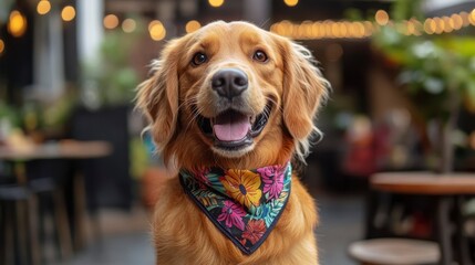 Cheerful Golden Retriever Dog in Colorful Floral Bandana Smiling