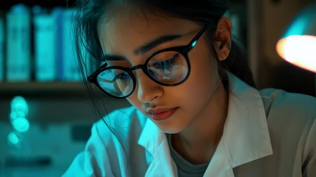 Young Female Scientist Studying Late at Night