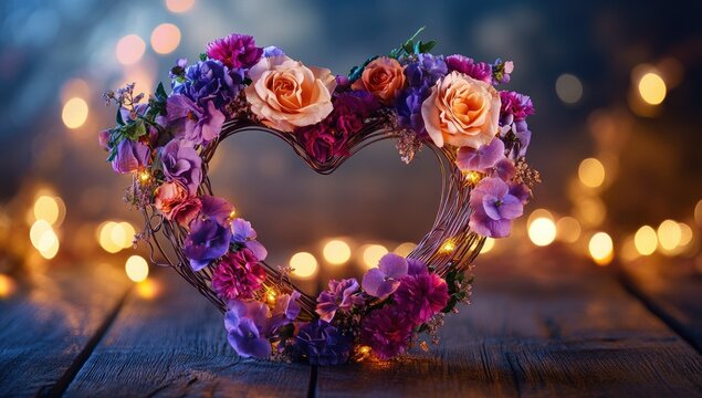 Heart-shaped floral wreath with fairy lights.  Softly lit, heart-shaped floral arrangement,  various colors,  placed on a wooden surface.  Romantic,  warm, bokeh background - Powered by Adobe