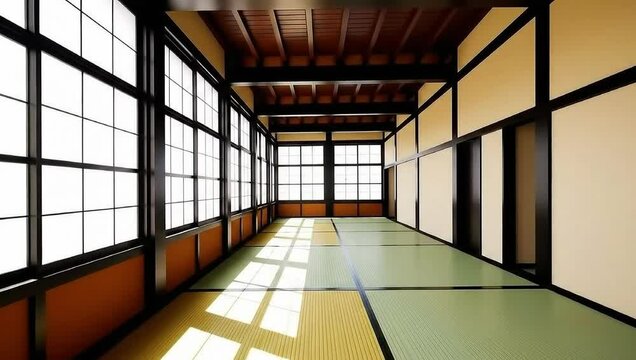 "Traditional Japanese Interior with Tatami and Shoji - Empty Room of Historic Zen House"