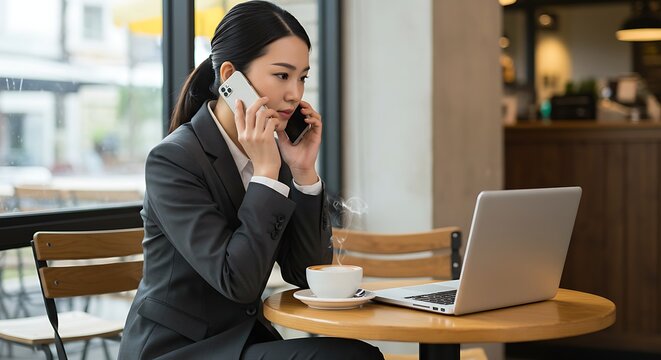 Businesswoman Works Remotely Coffee Shop Laptop Phone Calls