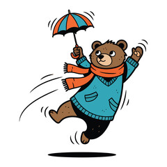 A cheerful brown bear joyfully leaps, umbrella aloft, scarf flowing in the wind.