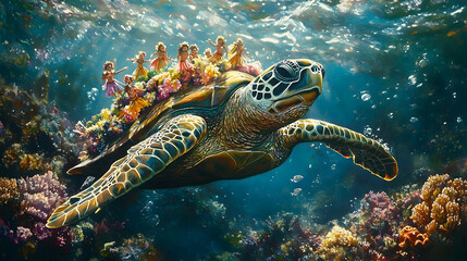 Obraz premium Sea turtle gracefully swims through vibrant coral reef, adorned with colorful marine life.