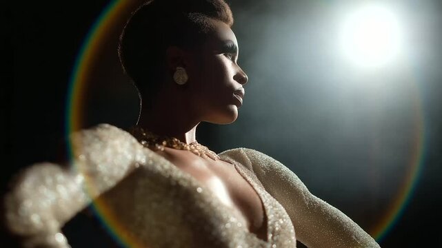 Dramatic Drag Performer in Rainbow Spotlight Under Stage Lights