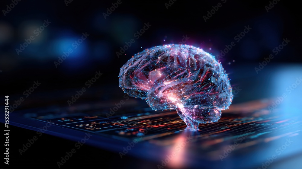 Poster a brain is shown in a computer monitor, with a glowing red and blue brain stem