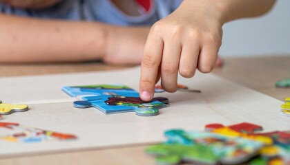 Naklejka premium Child assembling jigsaw puzzle
