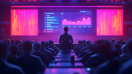 Neon Business Presentation Illustration: Speaker Addressing Audience with Data Visualization