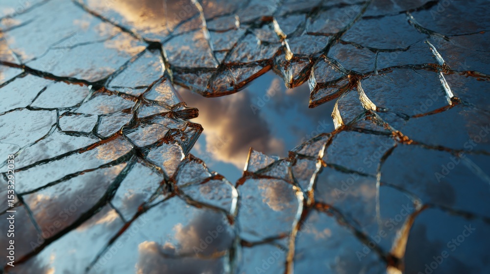 Poster a cracked window with a cloudy sky in the background