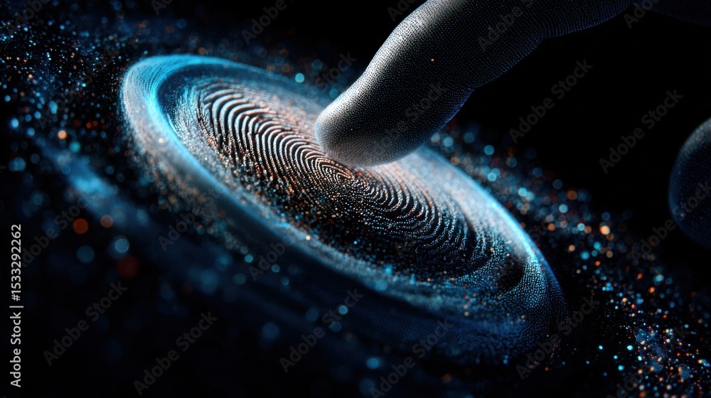 Poster a hand is touching a blue circle with a fingerprint on it