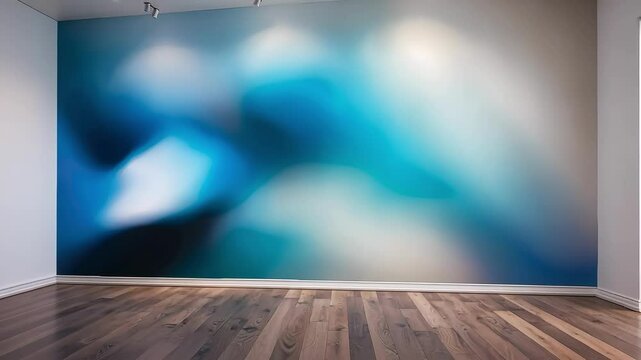 Empty room interior with blue abstract blur wall and wooden floor background.