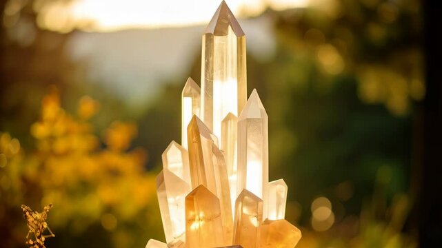 Clusters of quartz crystal points stand together in an arrangement with light illuminating the natural formations on a blurred background.
