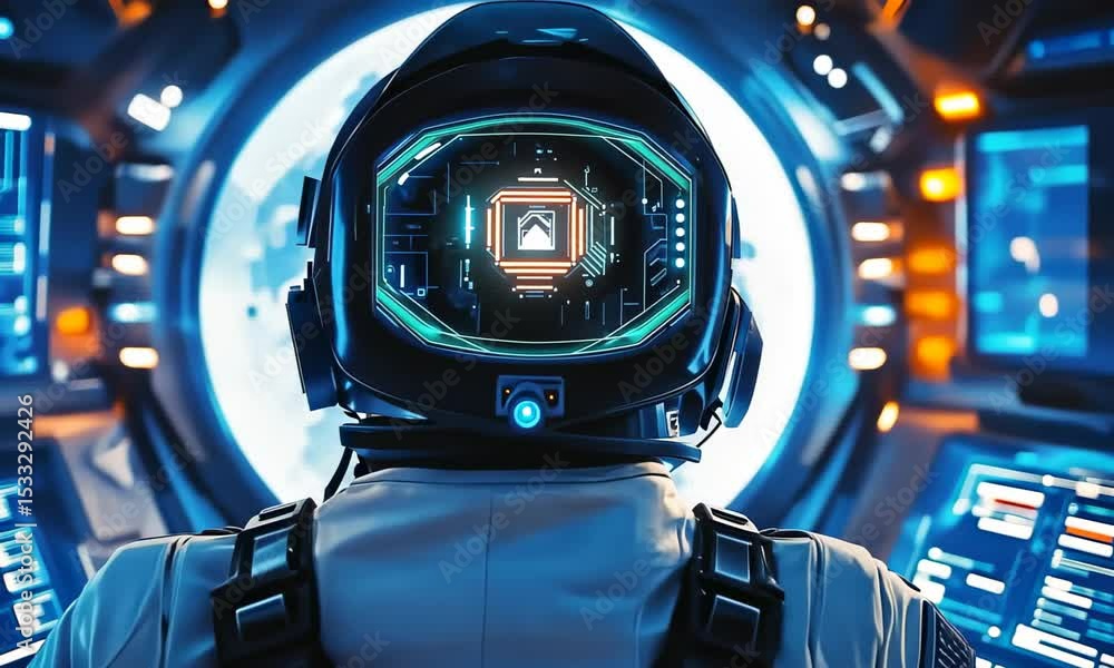 Poster astronaut in futuristic spaceship cockpit
