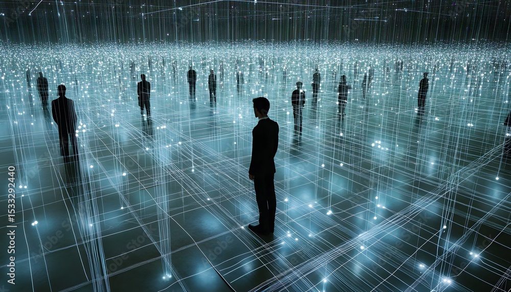 Poster silhouettes of figures in a network-like structure.