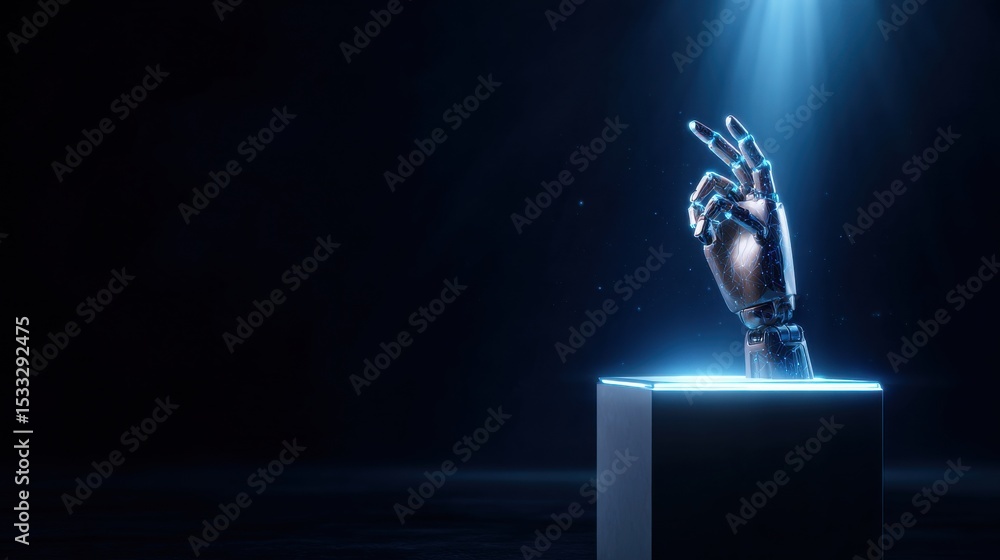 Poster A robot hand is in a box with a blue light shining on it