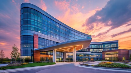 Modern hospital at sunset