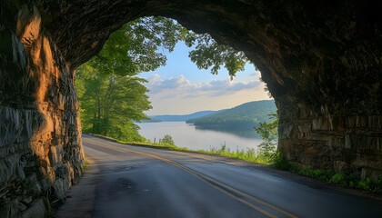 Scenic overlook road through a rock tunnel.