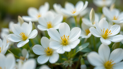 Close-up shot of white blooming primroses in springtime, creating a tranquil atmosphere