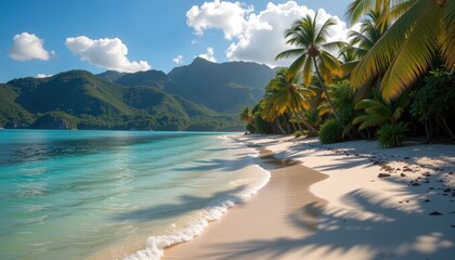 lush tropical island scene with clear turquoise waters lapping onto soft white sand