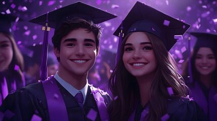 Obraz premium Digital Painting Illustration: Happy Graduation Couple in Purple Gowns