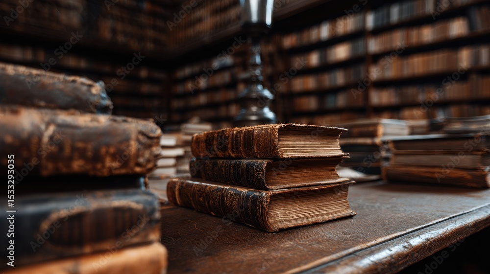 Poster A stack of old books on a table in a library
