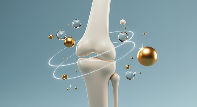 Joint Health and Wellness: 3D Render of Knee Joint with Hyaluronic Acid and Collagen Molecules