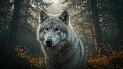 Majestic Grey Wolf in Misty Forest
