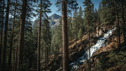 Pine Forest with Cascading Waterfall and Mountains