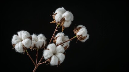 Soft White Cotton Stems on Black Background