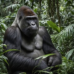 A gorilla sitting peacefully in the jungle, clear with white background