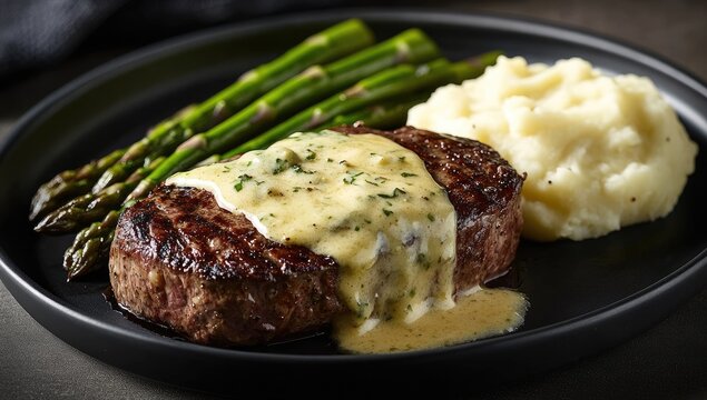 Seared steak with asparagus and mashed potatoes