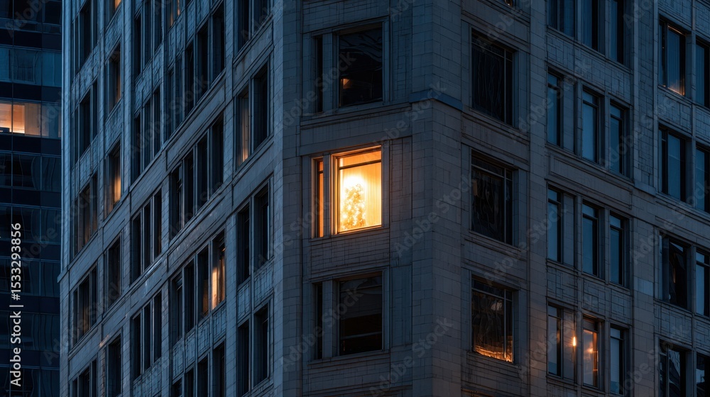Poster a window in a building is lit up with a light shining through it