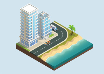 Isometric modern building with highway and beach