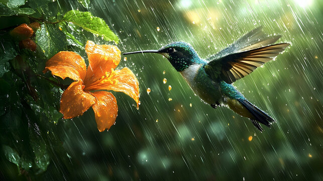 A hummingbird in flight during a tropical downpour, hovering near a vibrant orange flower.