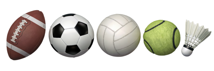 Collection of various sport balls including football soccer on transparent background 3d