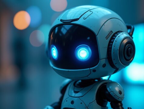 Close-up of a cute chibi robot with glowing neon eyes and a metallic body, futuristic sci-fi theme, high-tech details, anime style, soft blue lighting