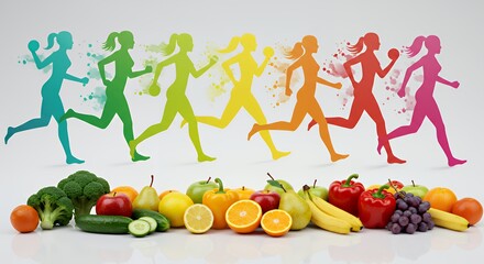 Healthy Lifestyle: Vibrant Women Running and Colorful Fruits and Vegetables